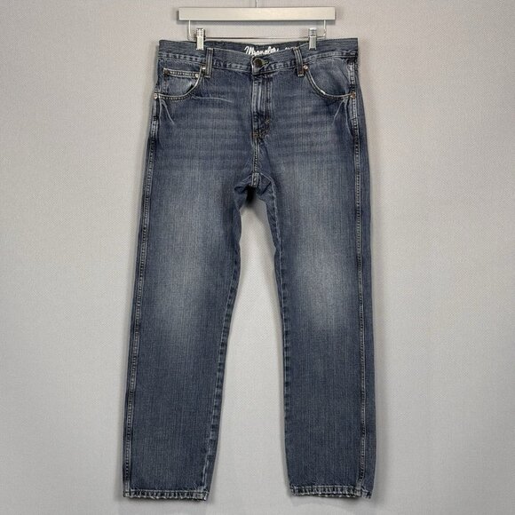 Wrangler Retro Jeans Mens 36x32 Blue Slim Straight Distressed Medium Wash Denim - Picture 1 of 11